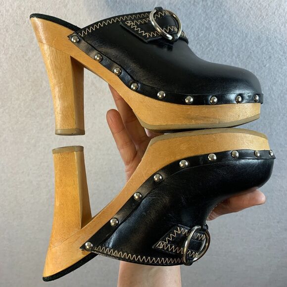 VTG 00s Steve Madden Women Y2K Wooden Platform Clogs Sz 6 Black Leather Studded - Picture 9 of 16